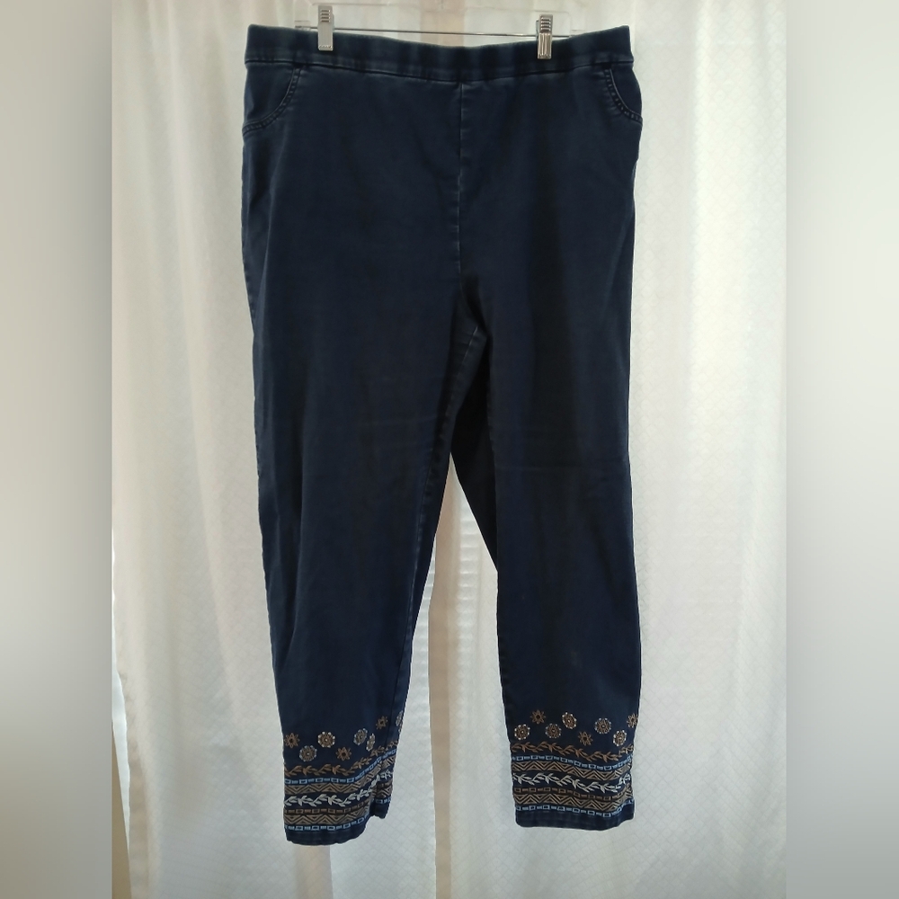 Embroidered Ankle Jeans - Blue Denim Pull On